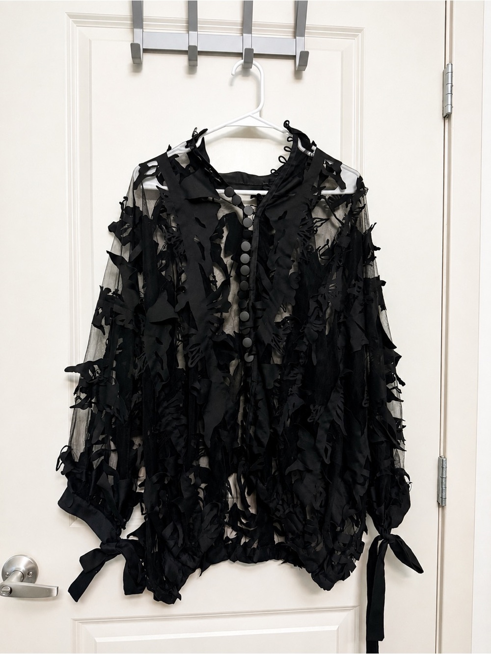 Women's Black Sheer Textured Button-Front Blouse
